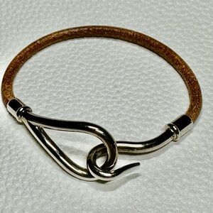 Authentic Hermes Jumbo Bracelet Brown Leather Silver Metal 6.25” Lot#803
